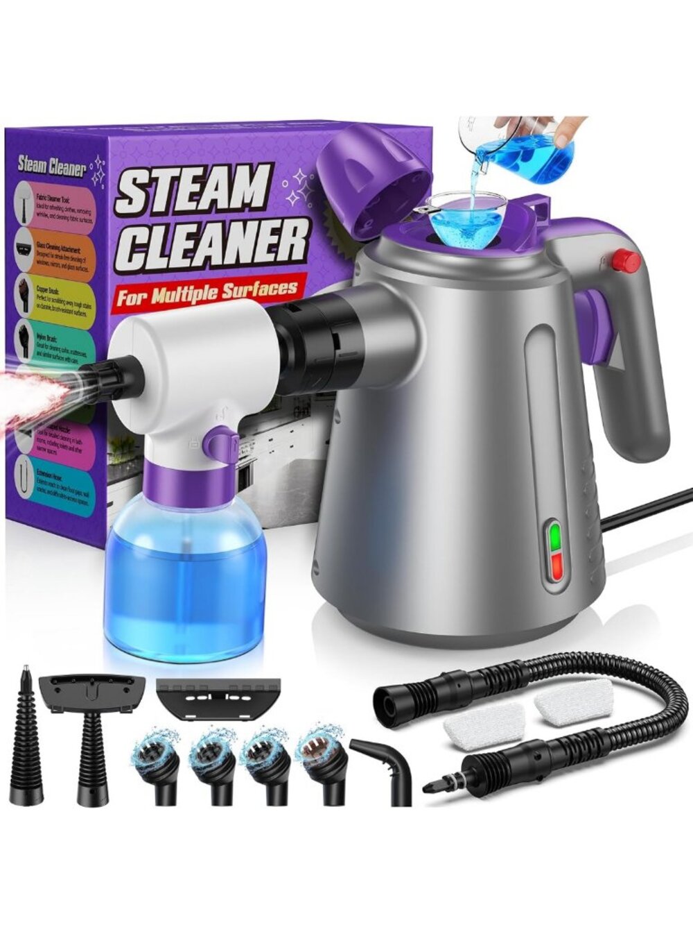 Powerful Handheld Steam Cleaner for Home & Car - 14 Accessories, Safety Lock
